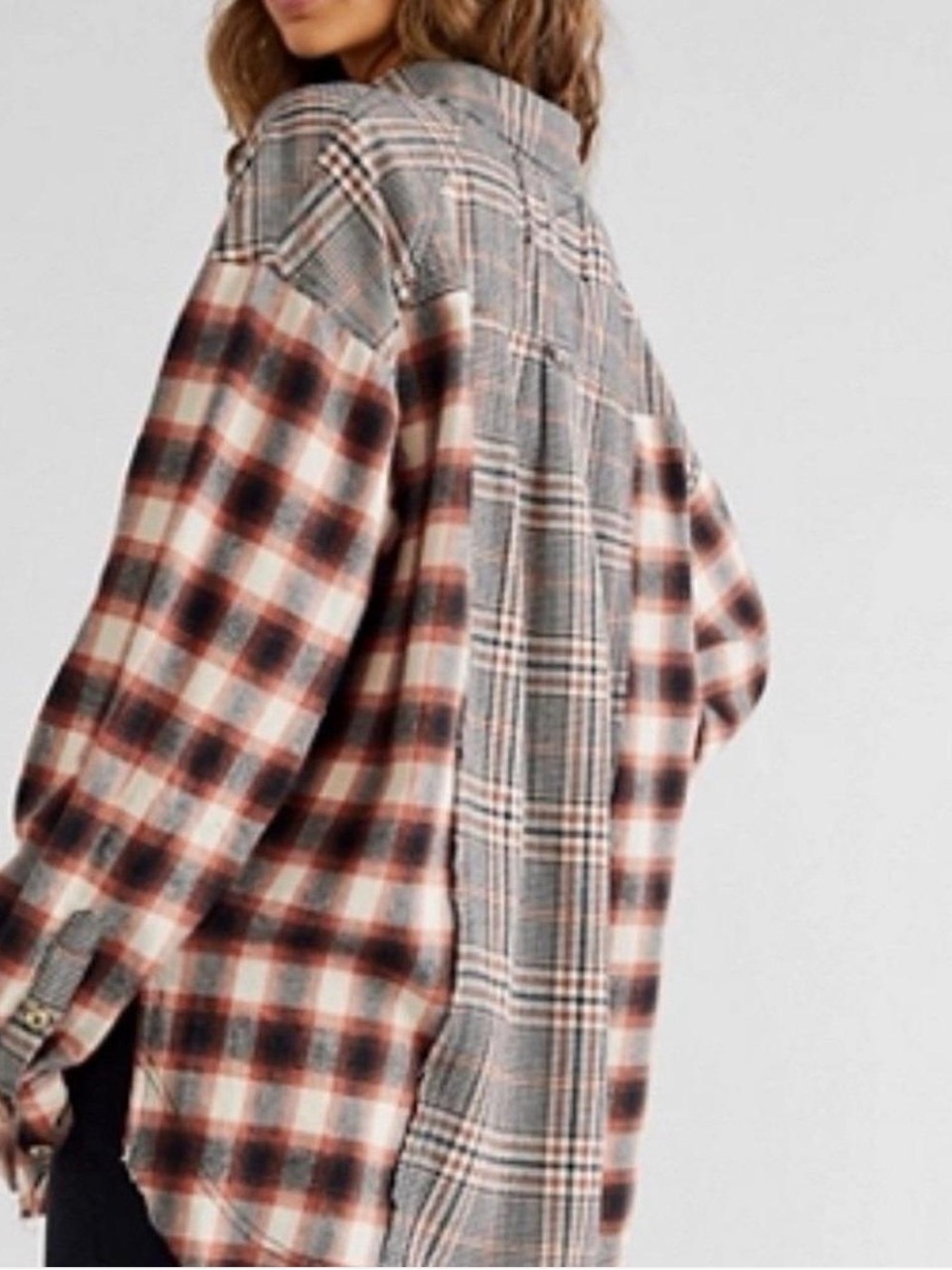 We The Free (People) Oversized Mixed Flannel Plaid Fall Long Shirt. Medium